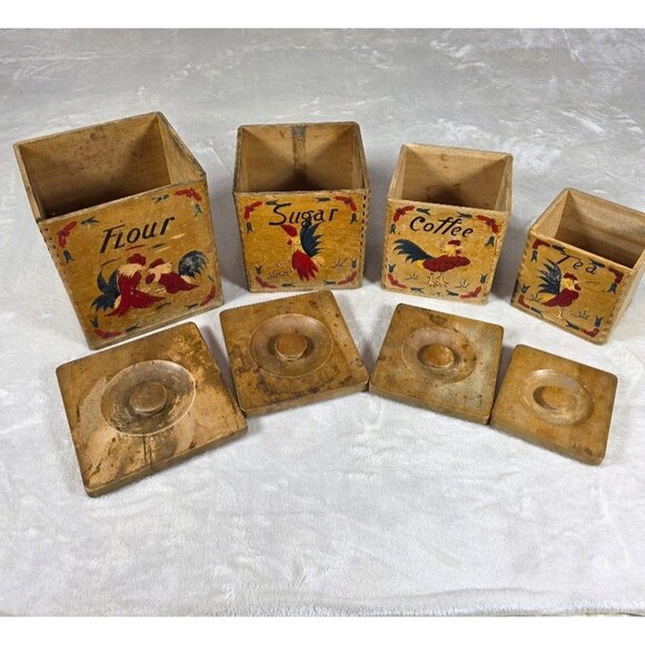 Fred Roberts Co. Hand Painted 4 Piece Roosters Wooden Nesting Canister Set Japan - Picture 1 of 10